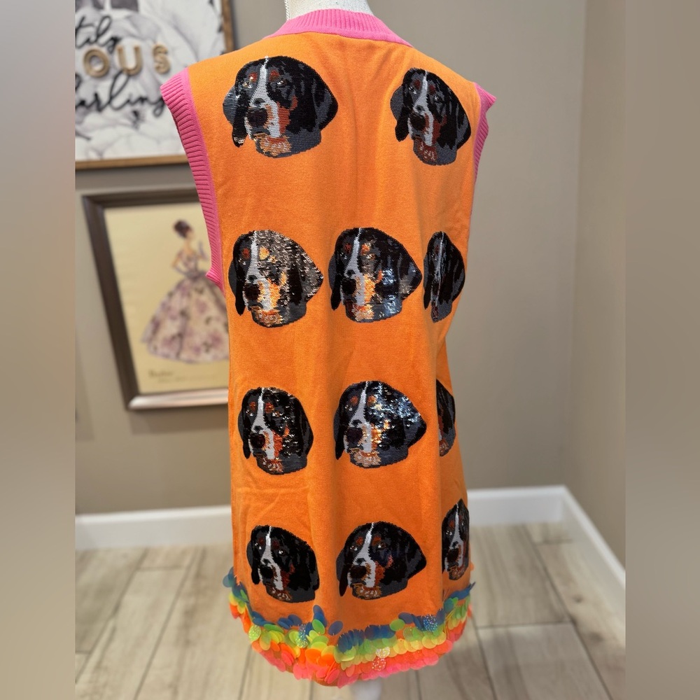 New! Rare! QUEEN OF SPARKLES Orange Smokey the Dog Pailette Sweater Dress - Picture 5 of 8